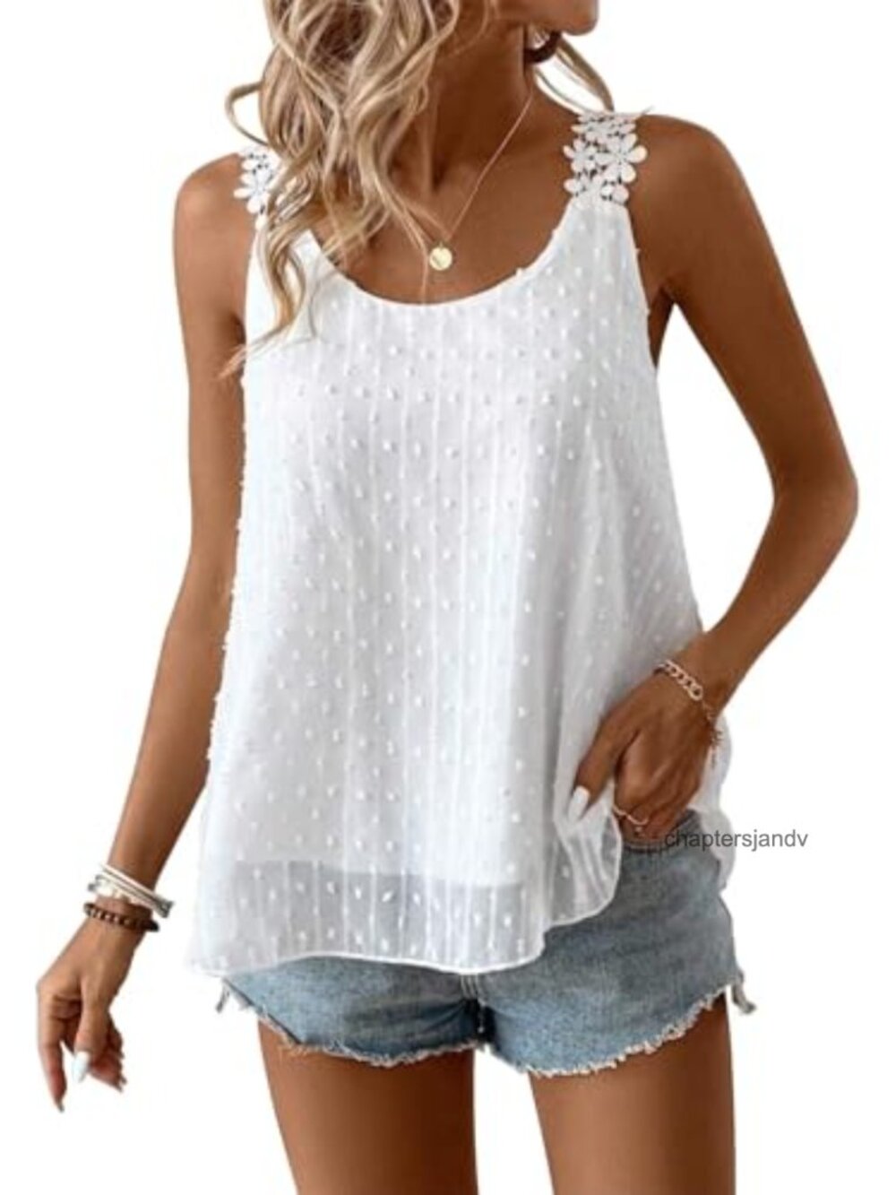 Women's Sleeveless Lace Trim Swiss Dot Tank Top Flowy Boho Summer Camisole